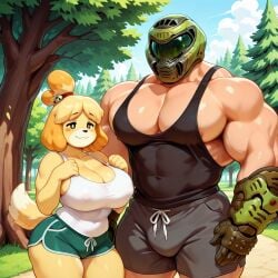 ai_generated animal_crossing animal_crossing_new_horizons doom doom_eternal doom_slayer_(doom) gauntlets helmet isabelle_(animal_crossing) muscle_shirt muscular muscular_male park semi-anthro size_difference sports_bra