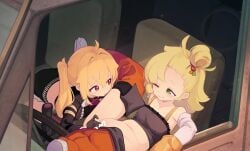 2girls absurdres bar_censor black_gloves black_shoes black_tube_top blonde_hair blush boots car_interior censored closed_mouth english_commentary female fingering gloves green_eyes highres kanbaki looking_at_another luciana_de_montefio mixed-language_commentary motor_vehicle multiple_girls one_eye_closed paid_reward_available parted_lips piper_wheel pussy red_eyes shoes side_ponytail smile steering_wheel strapless thigh_boots truck truck_interior tube_top yuri zenless_zone_zero