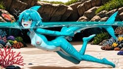 ai_generated blush breasts coral_reef female furry furry_female green_eyes happy hungry hunting naked nipples open_mouth partially_underwater_shot shark shark_girl shark_tail sharp_teeth small_breasts stable_diffusion swimming underwater water