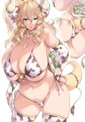1girls ass blonde_hair blue_eyes bowsette breasts breasts_bigger_than_head cameltoe cleavage cow_print cow_print_bikini crown curvy female female_only gigantic_breasts hand_on_hip huge_breasts long_hair mario_(series) new_super_mario_bros._u_deluxe nintendo plump skindentation solo spiked_bracelet spiked_collar spiked_shell spiked_tail super_crown tied_hair tsukasawa_takamatsu voluptuous white_background wide_hips