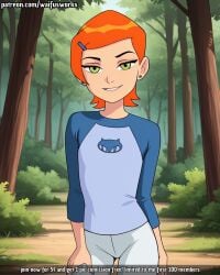 ai_generated comic exhibitionism forest green_eyes gwen_tennyson red_hair solo voyeur waifusworks