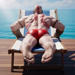 ai_generated ass bald bald_man beach beard black_beard foot_fetish god_of_war greek_mythology kratos male male_only muscles muscular muscular_male north_mythology red sea speedo sun sunbathing tattoo tattoos white_skin