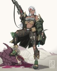 abs absurdres ammunition_pouch artist_name bandana belt bipod blue_hair boots breasts catachan_jungle_fighter charm_(object) choker cleavage corpse dagger dark_skin earrings female highres jacket jewelry karambit knee_pads knife large_breasts lasgun long_hair multiple_tongues oerba_yun_fang open_clothes open_jacket pants pouch red_bandana scope signature simple_background suspenders tank_top toned torn_clothes torn_pants tyranid warhammer_40k weapon white_background white_hair zephart