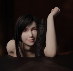 1boy 1girls 3d airu17 black_hair cheating cock_worship dark-skinned_male female final_fantasy final_fantasy_vii huge_cock interracial light-skinned_female male measuring penis_on_face red_eyes tifa_lockhart