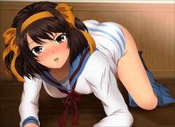 all_fours ass blush breasts brown_eyes brown_hair female hairband highres large_breasts legs looking_at_viewer open_mouth panties school_uniform short_hair skirt solo staring striped striped_panties suzumiya_haruhi suzumiya_haruhi_no_yuuutsu thighs underwear undressing yadokari_genpachirou