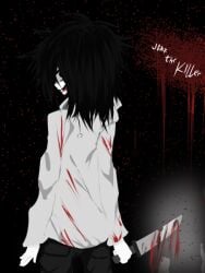 1boy afro_puffs black_eyes black_hair blood blood_on_knife body_horror colored_skin commentary commentary_request creepypasta dayan7_ariel drawstring glasgow_smile hand_on_mirror holding holding_knife hollow_eyes hood hood_up hoodie horror_(theme) jeff_the_killer knife long_hair long_sleeves male optical_illusion simple_background smile solo teeth white_hoodie white_skin