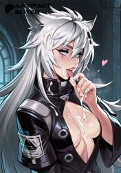 ai_generated arknights artifactglitch covered_in_cum cum_on_face cum_on_hair cum_on_hand lappland_(arknights) licking_cum
