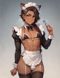 1femboy ai_generated black_body black_hair black_skin braid braided_hair bulge bulge_under_clothes cute femboy femboy_maid femboy_only femboysub flat_chest flat_chested maid maid_outfit maid_uniform sexy sexy_body sexy_clothing skimpy skimpy_clothes skimpy_outfit