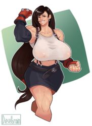 breasts dieselbrain elbow_gloves female final_fantasy final_fantasy_vii fingerless_gloves gloves huge_breasts large_breasts long_hair looking_at_viewer muscles muscular_female red_eyes smooth_skin solo suspenders tifa_lockhart wink