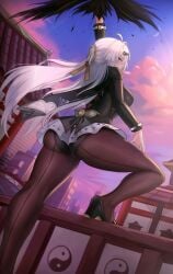 1girls arm_up ass black_panties black_pantyhose black_shoes breasts commission female foot_up from_behind hair_between_eyes hair_clip hair_ornament high_heels long_hair long_sleeves looking_at_viewer looking_back official_alternate_costume outdoors panties pantyhose puppnett shoes solo sunset underwear very_long_hair white_hair yellow_eyes yixuan_(trails_of_ink)_(zenless_zone_zero) yixuan_(zenless_zone_zero) zenless_zone_zero