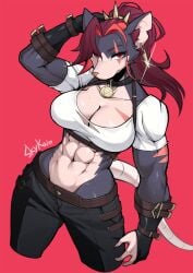 2025 5_fingers abs anthro biped bottomwear breasts claws clothed clothed_anthro clothed_female clothing countershade_fur countershade_torso countershading digital_media_(artwork) female finger_claws fingers front_view fully_clothed fully_clothed_anthro fully_clothed_female fur grey_body grey_fur hair hi_res inner_ear_fluff looking_at_viewer mammal muscular muscular_anthro muscular_female navel pants paws queek_headtaker red_background red_eyes red_hair rodent scar simple_background ska_bloodtail skaven skykain solo standing tail topwear tuft warhammer_(franchise) white_tail