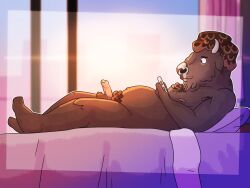 4:3 american_bison anthro balls bed belly bison bojack_horseman bovid bovine brown_body brown_fur camocayenne electronics erection foreskin fur furniture genitals guy_(bojack_horseman) hi_res light lying male mammal morning_wood netflix nipples nude penis phone pubes side_view solo sunlight uncircumcised