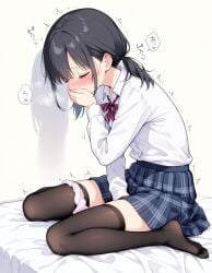 ai_assisted ai_generated black_hair closed_eyes covering_mouth female fingering masturbation original_character panties_around_one_leg pleasured school_uniform short_hair skirt teenager young