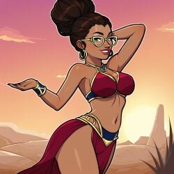 1girls ai_generated arcane armwear bare_arms bare_shoulders belly_dancer belly_dancer_outfit belly_dancing bra bracelet breasts breasts brown_hair brown_skin cleavage dancer dancing desert dopey_doll earrings exotic_dancer female female female_focus female_only glasses gold_jewelry hands_behind_head harem_clothing harem_girl harem_jewelry harem_outfit headwear jewelry league_of_legends loincloth looking_at_viewer necklace neckwear outdoors outside red_bra short_hair sky_young smile solo solo_female solo_focus standing