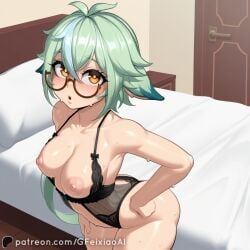ai_generated animal_ears arched_back bed bedroom before_sex brown_eyes fluffy_ears genshin_impact gfeixiaoai green_hair hand_on_hip hoyoverse looking_at_viewer medium_breasts mihoyo naked nipples o.o open_mouth patreon patreon_username sucrose_(genshin_impact) sweat sweating white_sheets