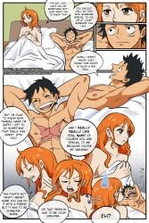 after_sex bed black_hair blushing_female comic comic_page doujinshi doujinshi_page female hotel_room male male/female monkey_d_luffy nami_(one_piece) nude_female nude_male one_piece orange_hair orange_hair_female redhead_female scar scar_on_face shampowrado sharing_bed tattooed_arm