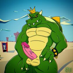 1:1 2021 2_horns anthro armband balls claws crown digital_drawing_(artwork) digital_media_(artwork) fabfelipe finger_claws genitals green_body green_scales headgear hi_res horn humanoid_genitalia humanoid_penis king_koopa koopa male mario_bros nintendo pecs penis pink_penis scales scalie shell solo spiked_armband spikes teeth vein veiny_penis wearing_crown yellow_sclera