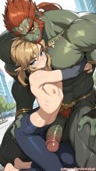 ai_generated bulge city clothed_femboy dominant_male exposed_nipples femboy flat_chest ganondorf hugging humanoid_penis interspecies kinkyfuel large_penis leggings link link_(breath_of_the_wild) link_(tears_of_the_kingdom) muscular muscular_male nude_male outdoor public submissive_male the_legend_of_zelda tight_pants yaoi