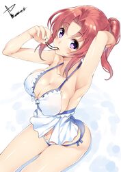 adjusting_hair armpits babydoll blue_panties blush breasts cleavage collarbone female large_breasts looking_at_viewer mikakunin_de_shinkoukei mouth_hold negligee panties ponytail purple_eyes red_hair sideboob solo tied_hair tying_hair underwear underwear_only yatsu_(sasuraino) yonomori_kobeni