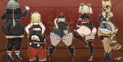 5girls anthro ass ass_chart ass_focus bending_over big_ass blonde_hair boots booty_shorts burnice_white caesar_king caesar_king_(zenless_zone_zero) cat_ears catgirl cellulite furry hand_on_hip hands_on_ass hole_in_pants huge_ass luciana_de_montefio muscular muscular_female piper_wheel ponytail presenting presenting_hindquarters pulchra_(zenless_zone_zero) pulchra_fellini size_difference ssleviathann tail zenless_zone_zero