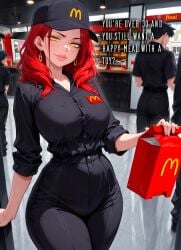 ai_generated big_breasts black_pants black_shirt breasts cleavage curvy curvy_body curvy_figure mcdonald's mischievous_smile red_hair short_sleeves slim_waist smug starlightnex text thick thick_hips thick_lips thick_thighs tight_clothing uniform wide_hips yellow_eyes