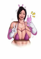 :) arm_gloves asian asian_female barely_contained beauty_mark beauty_mark_under_eye big_breasts bikini_top black_hair breasts bunny_ears bursting_breasts character_request child_bearing_hips cleavage_overflow curvaceous curvy hairpin huge_breasts japanese japanese_female large_breasts light-skinned_female light_skin lipstick long_hair overflowing_breasts peace_sign phone purple_bikini purple_highlights rusbe_rusbe sg._zeus skindentation smile top_heavy top_view tummy upper_body voluptuous white_background white_gloves wide_hips