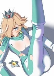 1girls ass blonde_hair blue_eyes bodysuit boots crown earrings gjh_1 gloves legs_up looking_at_viewer lying lying_on_back mario_(series) mario_kart nintendo one_eye_obstructed princess_rosalina scarf skin_tight solo tight_clothing torn_clothes