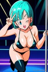 :d ai_generated black_bikini breasts bulma_briefs cleavage dragon_ball dragon_ball_z large_breasts looking_at_viewer nightclub one_hand_holding_stripper_pole peace_sign pinku.ai shiny solo stripper_pole thighhighs wink