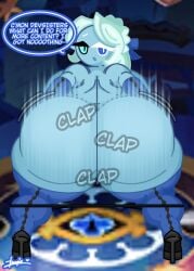 1girls ass ass_focus back_view background big_ass big_breasts blue_body breasts clapping_cheeks cookie_run doopie english_text female femshadow_milk_cookie large_ass looking_at_viewer looking_back non-human shadow_milf_cookie shadow_milk_cookie shadow_milk_cookie_(disguise) shaking shaking_butt sound_effects talking_to_viewer text thick_thighs thunder_thighs twerking