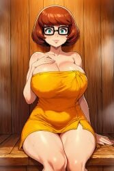 1girls ai_generated big_breasts breasts cleavage female female_only freckles freckles_on_breasts glasses hanna-barbera large_breasts looking_at_viewer nai_diffusion naked_towel novelai sauna scooby-doo solo solo_female stable_diffusion sweat thick_thighs thighs towel velma_dinkley wide_hips