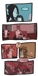 1:2 2016 9:18 all_fours animal_genitalia anthro biped canid collar comic daisy_(tatsuchan18) detailed_background dialogue english_text female fenrir_(tatsuchan18) fur genitals group hair havoc_(tatsuchan18) hi_res hyaenid lagomorph leporid male mammal mink_(tatsuchan18) onomatopoeia rabbit sheath sitting sound_effects speech_bubble standing tatsuchan18 text