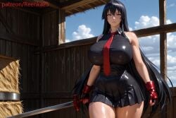 ai_generated akame_(akame_ga_kill!) akame_ga_kill! barn black_hair black_skirt cloud huge_breasts inside_barn katana red_eyes red_gauntlets sky weapon