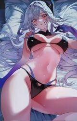 1girls artist_request bare_shoulders belly belly_button black_lingerie blush bra breasts genshin_impact heavy_blush hoyoverse laying_on_bed lingerie long_hair magenta_eyes midriff midriff_cutout midriff_showing mihoyo mihoyo_technology_(shanghai)_co._ltd. navel navel_cutout navel_fetish navel_line navel_outline pink_body showing_belly showing_navel showing_off silver_hair skindentation skirk_(genshin_impact) slender_body slender_waist thick_thighs thighs tummy two_panties