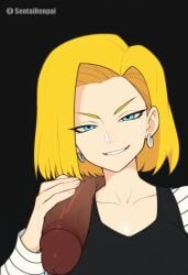 2d 2d_(artwork) android_18 big_cock big_penis blonde_female blonde_hair blonde_hair blonde_hair_female blue_eyes blue_eyes_female cheating cheating_wife clothed clothed_female cock cyborg cyborg_(dc) dark-skinned_male dark_skin dragon_ball dragon_ball_z earrings female female_focus horny horny_female implied_cheating light-skinned_female light_skin looking_at_viewer penis sentaihenpai