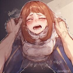 1boy 1boy1girl 1girls ahe_gao danstarrz drooling female horny horny_female male ochako_uraraka squirting steam steaming_body trembling twitter twitter_username unseen_male uraraka_ochako