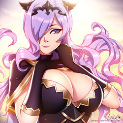 breasts camilla_(fire_emblem) capelet cleavage closed_mouth elbow_gloves female fire_emblem fire_emblem_fates gloves hair_over_one_eye large_breasts lips long_hair nintendo parted_lips pinkladymage purple_eyes purple_hair shiny shiny_clothes sidelocks smile solo tiara upper_body very_long_hair wavy_hair