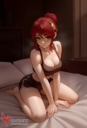 1girls 2d abs ai_generated ass big_ass big_breasts breasts cleavage erophoenix female female_focus full_body green_eyes looking_at_viewer navel patreon_username ponytail pyrrha_nikos red_hair rwby solo solo_female thick thick_thighs uncensored