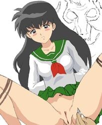 1boy 1girls arms_behind_back black_hair blush bondage bound cleft_of_venus clothed clothes fat_mons fingering footwear glow grey_eyes hairless_pussy innie_pussy inuyasha jewel kagome_higurashi labia labia_majora long_hair male miniskirt mons_pubis naraku no_panties pussy pussy_lips pussy_slit restrained rope ropes school_uniform schoolgirl seifuku serafuku shirt simple_background skirt skirt_around_belly skirt_lift spread_legs tied tsukiyo_no_ribbon uncensored vagina vulva vulva_line white_background