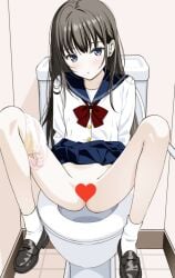 arms_behind_back bathroom black_hair blue_eyes blue_sailor_collar blue_skirt blush bow bow_panties censored female heart heart_censor highres indoors loafers long_hair m_legs moonsorrow on_toilet open_mouth original panties panties_around_one_leg pleated_skirt pussy sailor_collar school_uniform serafuku shoes sitting skirt socks spread_legs tile_floor tiles toilet toilet_seat toilet_stall underwear white_panties white_socks