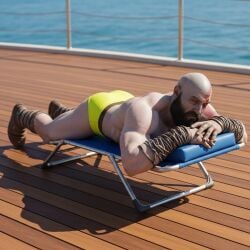 ai_generated bald bald_male beach beard black_beard god_of_war greek_mythology kratos male male_only muscles muscular muscular_male north_mythology sea speedo sun sunbathing tattoo tattoos white_skin yellow yellow_eyes