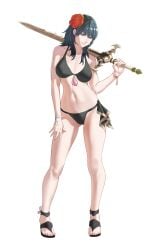 1girls absurdres ass_visible_through_thighs bare_arms bare_legs bare_shoulders bare_thighs bikini black_bikini black_swimsuit blue_hair breasts byleth_(fire_emblem) byleth_(fire_emblem)_(female) byleth_(fire_emblem)_(female)_(summer) closed_mouth collarbone eyelashes feet female female_only fire_emblem fire_emblem:_three_houses fire_emblem_heroes flower full_body gold_trim hair_flower hair_ornament hand_up highres holding holding_sword holding_weapon large_breasts legs looking_at_viewer medium_hair navel nintendo official_alternate_costume over_shoulder pomelomelon red_flower sandals shadow simple_background solo standing stomach swimsuit sword sword_of_the_creator sword_over_shoulder toenails toes weapon weapon_over_shoulder white_background