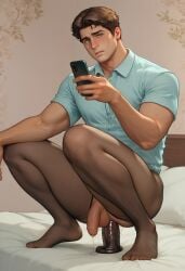 ai_generated ass balls bed big_ass big_butt black_pantyhose blue_shirt boy brown_hair bubble_ass bubble_butt cellphone collared_shirt dildo dildo_in_ass dildo_insertion dildo_penetration dildo_sitting flaccid gay hazel_eyes holding_phone looking_at_viewer male object_in_ass object_insertion on_bed pantyhose penis phone plump_ass precum precum_drip precum_string round_ass round_butt sex_toy shirt short_sleeves solo squatting squatting_on_dildo tallcallipygian tcallipygian testicles thick_thighs thighs