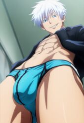 1boy 1male abs ball_bulge balls_bulge blue_eyes blue_underwear bulge bulge_under_clothes from_below gay gojou_satoru indoor indoors looking_at_viewer penis_bulge satoru_gojo solo solo_male solo_male underwear underwear_only white_hair yaoi