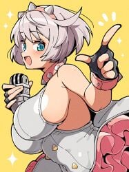 1girls ahoge aqua_eyes bare_arms bob_cut bracelet breasts collar dress elphelt_valentine female guilty_gear guilty_gear_strive hairband hand_up highres holding holding_microphone_stand huge_ahoge itsuka_neru jewelry large_breasts microphone_stand open_mouth pink_collar pink_hairband short_hair sleeveless sleeveless_dress smile solo spiked_bracelet spiked_collar spiked_hairband spikes upper_body white_hair