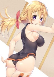 armpits ass bangs bare_arms bare_shoulders blonde_hair blush breasts charlotte_dunois female floating_hair from_behind frown hair_ribbon hand_up infinite_stratos large_breasts leotard long_hair looking_at_viewer looking_back low_ponytail pilot_suit purple_eyes ribbon sideboob skin_tight solo thighhighs very_long_hair yatsu_(sasuraino)