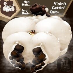 antennae_(anatomy) anthro arthropod ass bear beard bee belly big_butt blush bodily_fluids bumble_beans_(fujiyamasamoyed) bumble_bee_(species) canid canine clothing dialogue dot_eyes duo eyewear facial_hair feet fujiyama_samoyed fur glasses hair hi_res highlights_(coloring) huge_butt humanoid_feet hybrid hymenopteran hyper hyper_butt insects male male/male mammal micro musk nude obese obese_anthro obese_male overweight overweight_anthro overweight_male pea_soup plantigrade polar_bear ponytail raccoon_dog shaded sideburns simple_background simple_eyes size_difference smile smirk smothering smug smug_face smug_grin soft_shading sweat tanuki ursine watermark white_body white_fur wings yellow_body