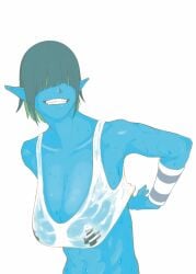 abs armband blue_skin breasts collarbone covered_nipples drooping_breasts female fish green_hair hair_covering_eyes large_breasts pointy_ears sagging_breasts see-through_clothing sharp_teeth short_hair smile water water_drop wet_clothes wet_shirt wet_tank_top white_tank_top x_mark