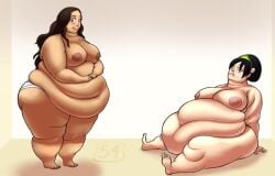 2girls areolae black_hair blue_eyes breasts brown_hair crossed_arms curvy fat female gigantic_breasts glasses huge_ass huge_breasts lips long_hair multiple_girls muscles nipples nude obese on_side plump size_difference smile thick_thighs thighs toes
