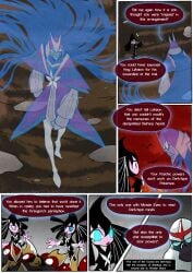 alternative_fashion ambient_bird ambient_silhouette ambiguous_gender angry ape bisharp blue_eyes comic decapitation dialogue digital_media_(artwork) duo english_text female frown generation_5_pokemon generation_7_pokemon generation_9_pokemon glowing glowing_eyes gothitelle grimart hair haplorhine humanoid kingambit long_hair mammal multicolored_body nintendo no_humans open_mouth oracle_(grimart) oranguru pokemon pokemon_(species) primate princess_(grimart) purple_body severed_body_part severed_head simple_background size_difference sky speech_bubble standing teeth text