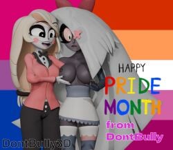 2girls 3d artist_name bisexual_flag bisexual_pride_colors blender blender_(artwork) blender_(software) blonde_female blonde_hair breast_squeeze charlie_morningstar charlie_morningstar_(hazbin_hotel) dont_bully_(artist) female female_only grabbing_another's_breast hair_covering_one_eye happy hazbin_hotel lesbian_couple lesbian_flag lesbian_pride_colors multiple_girls pride_colors pride_flag pride_month rainbow_pride_colors romantic_couple smile smiling surprised_expression text vaggie_(hazbin_hotel) white_hair yuri
